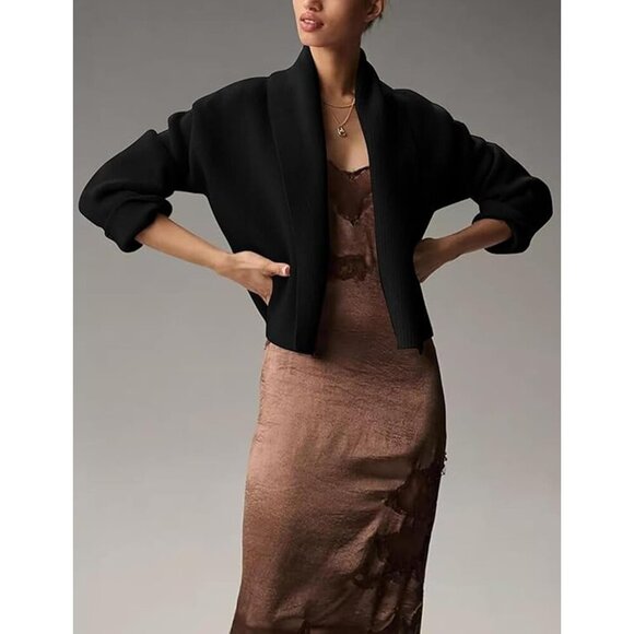 Women's Cropped Cardigan Knit Open Front Sweater Oversized Shawl Layer - Picture 4 of 5